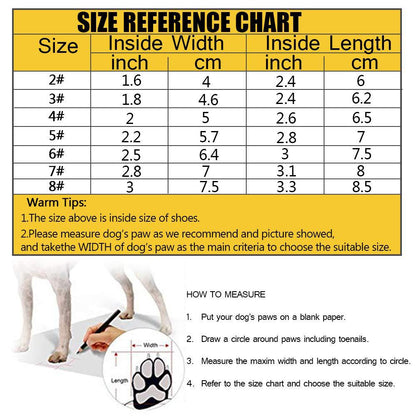Dog boot size reference chart with inside width and length measurement guide