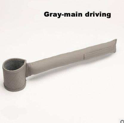 Gray car seat gap filler with cup holder end and long strap