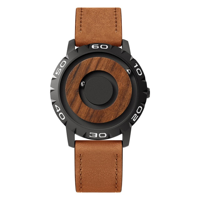 Men’s magnetic pointer watch with brown leather strap and wood-look dial center