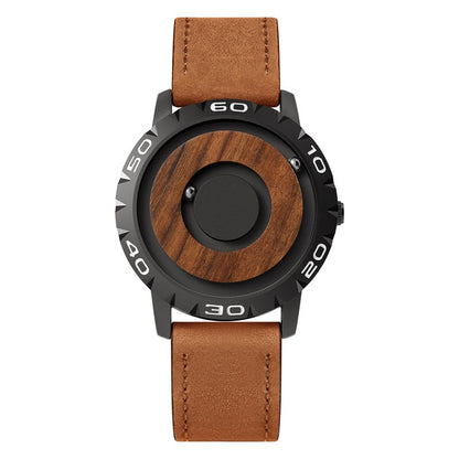 Men’s magnetic pointer watch with brown leather strap and wood-look dial center