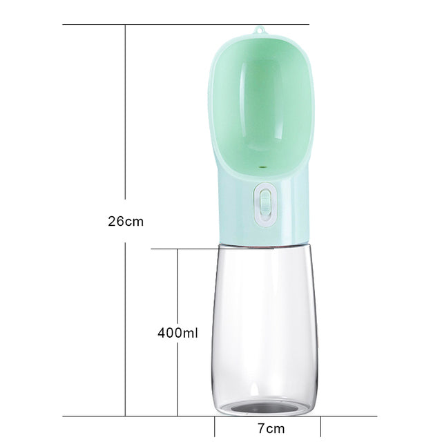 Pet dog water feeder bottle, mint green top with clear 400ml body and 26cm height