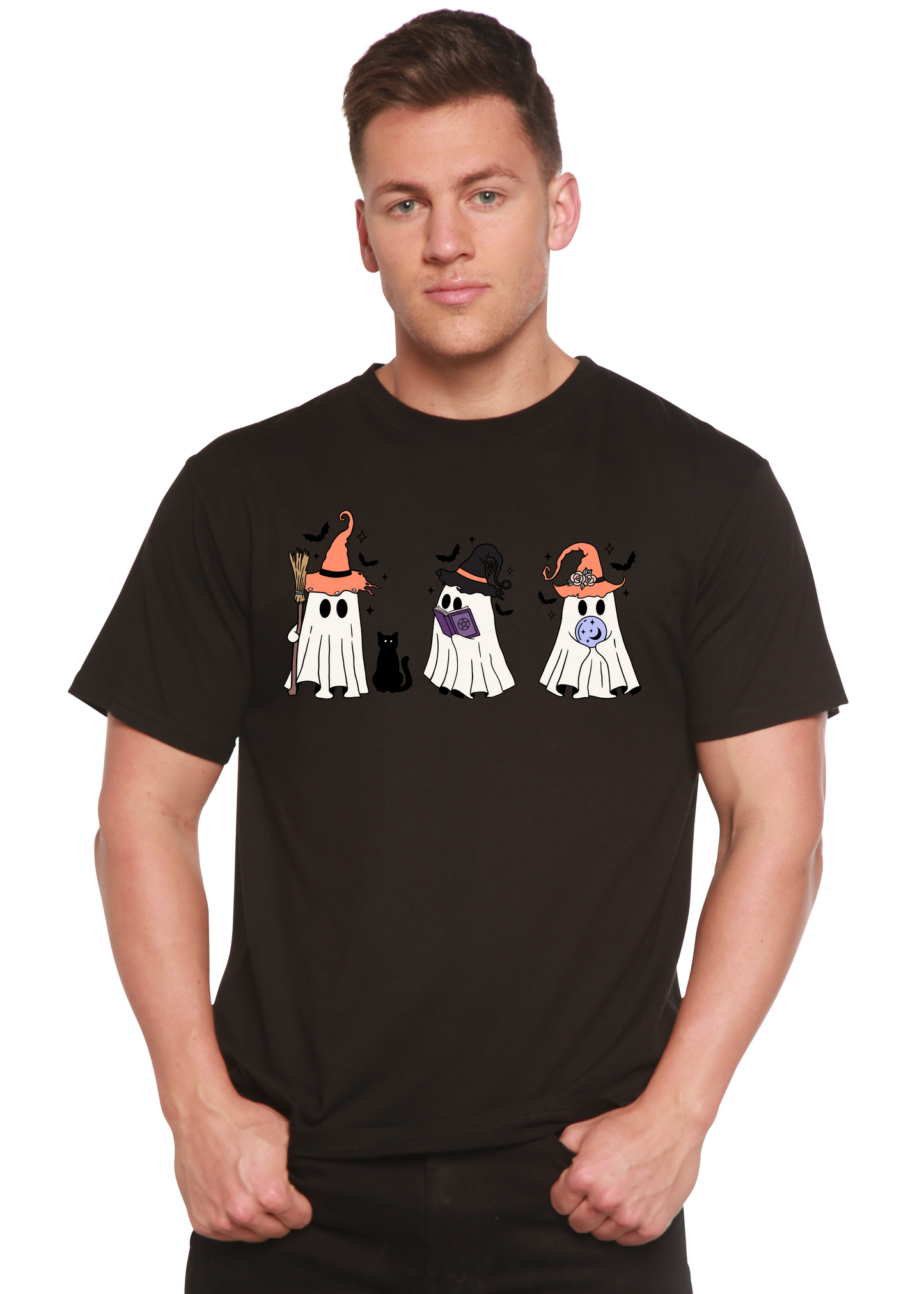 Men's short-sleeve T-shirt in black with cartoon Halloween costume graphic across chest