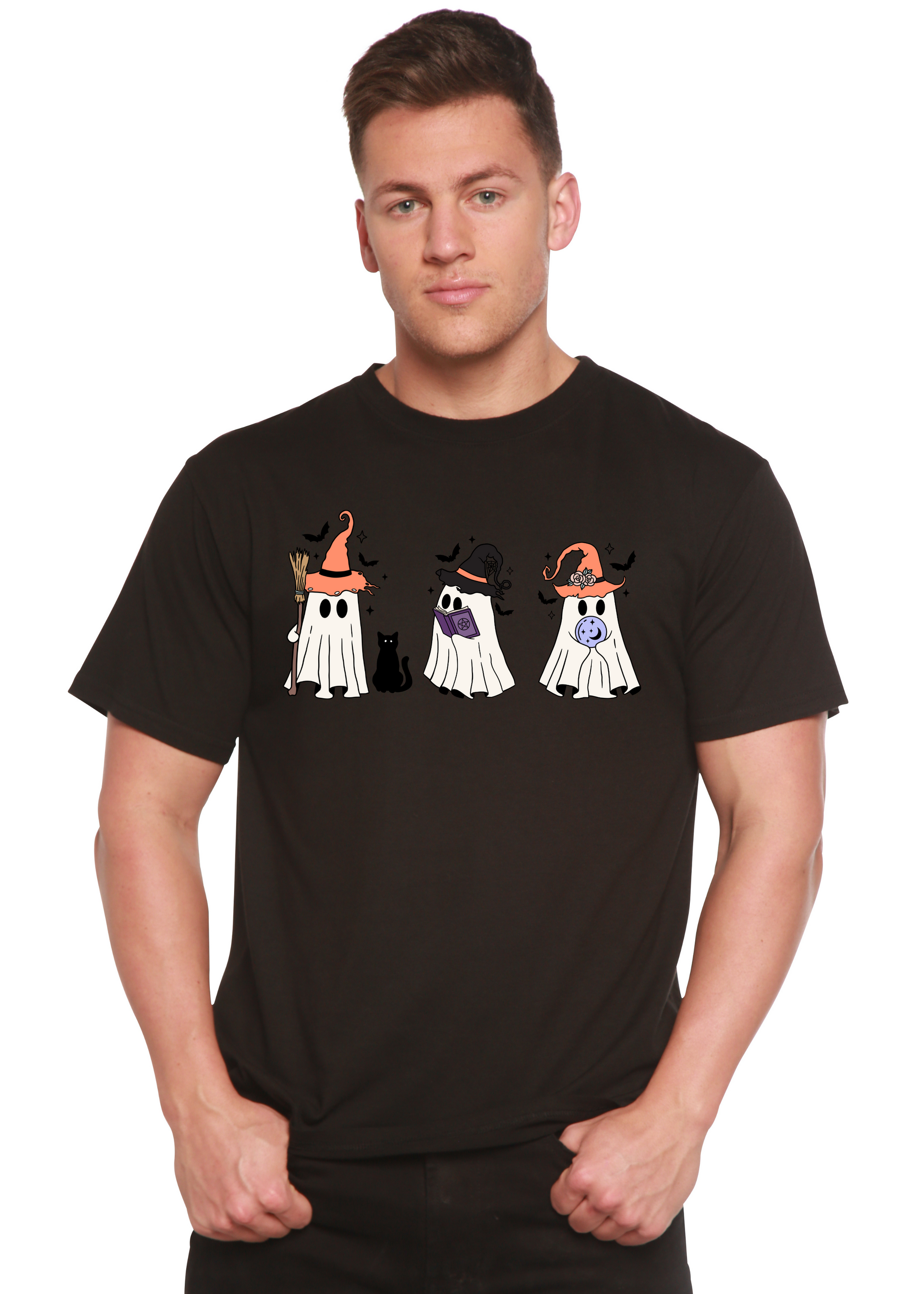 Men's short-sleeve T-shirt in black with cartoon Halloween costume graphic across chest
