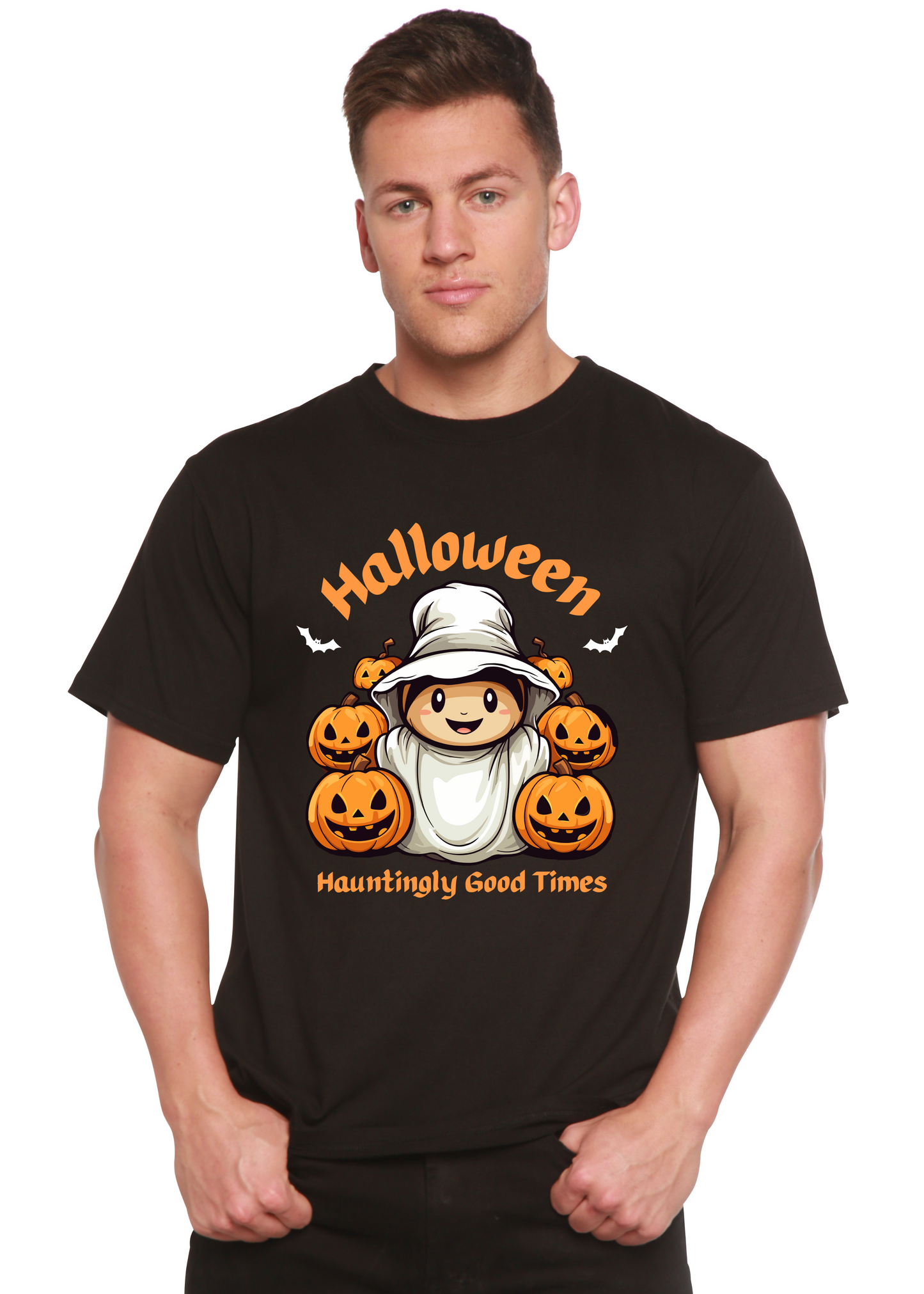 Men's black Halloween graphic short sleeve T-shirt with pumpkin and ghost illustration