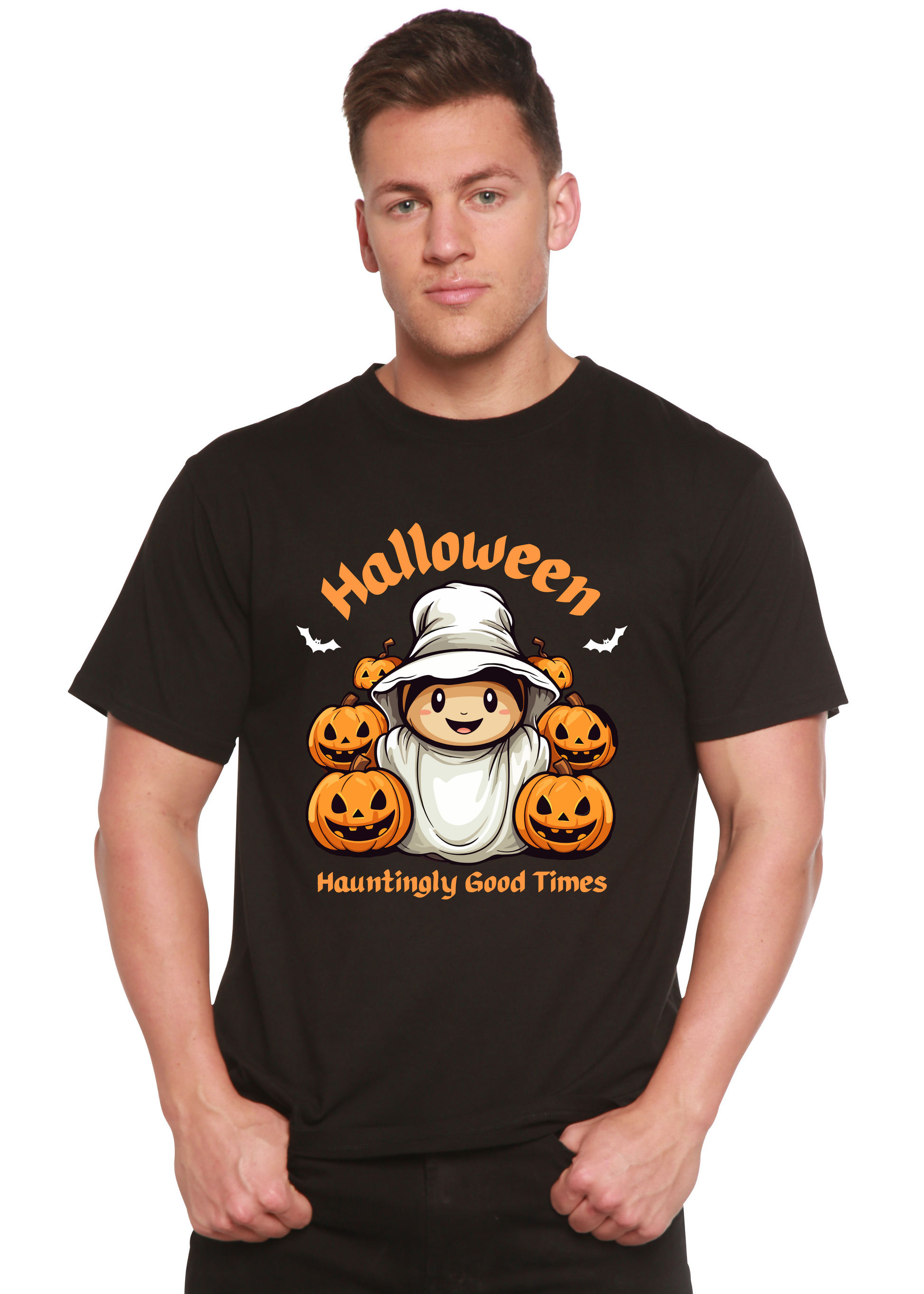 Men's black Halloween graphic short sleeve T-shirt with pumpkin and ghost illustration