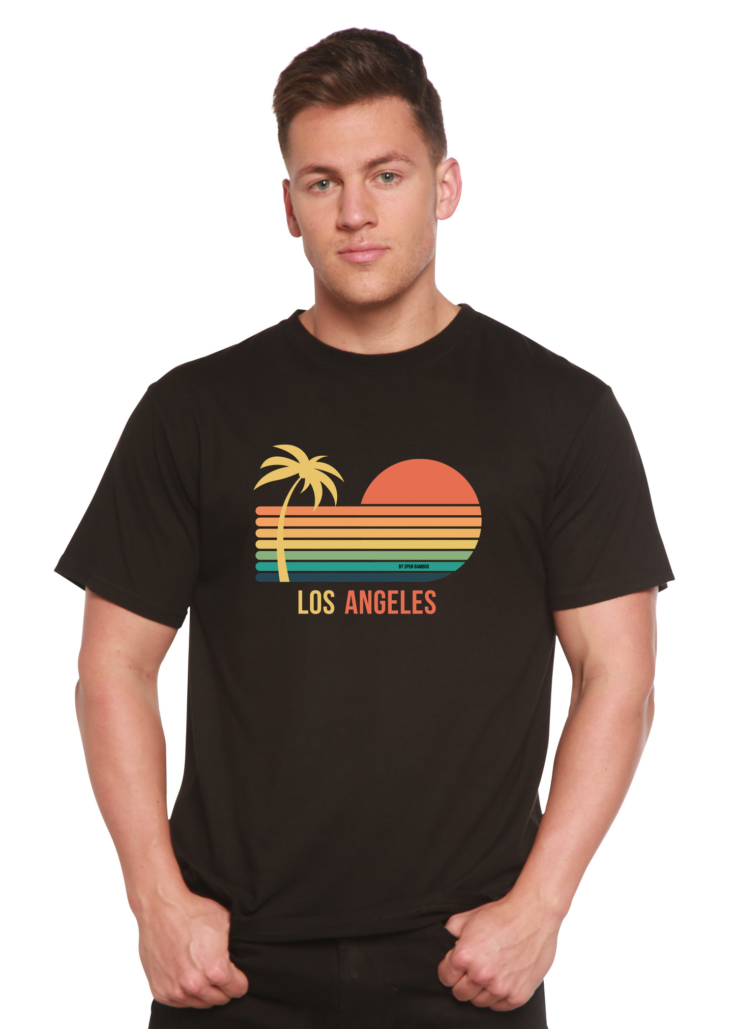 Black unisex graphic short-sleeve T-shirt with palm, sunset, and “Los Angeles” print
