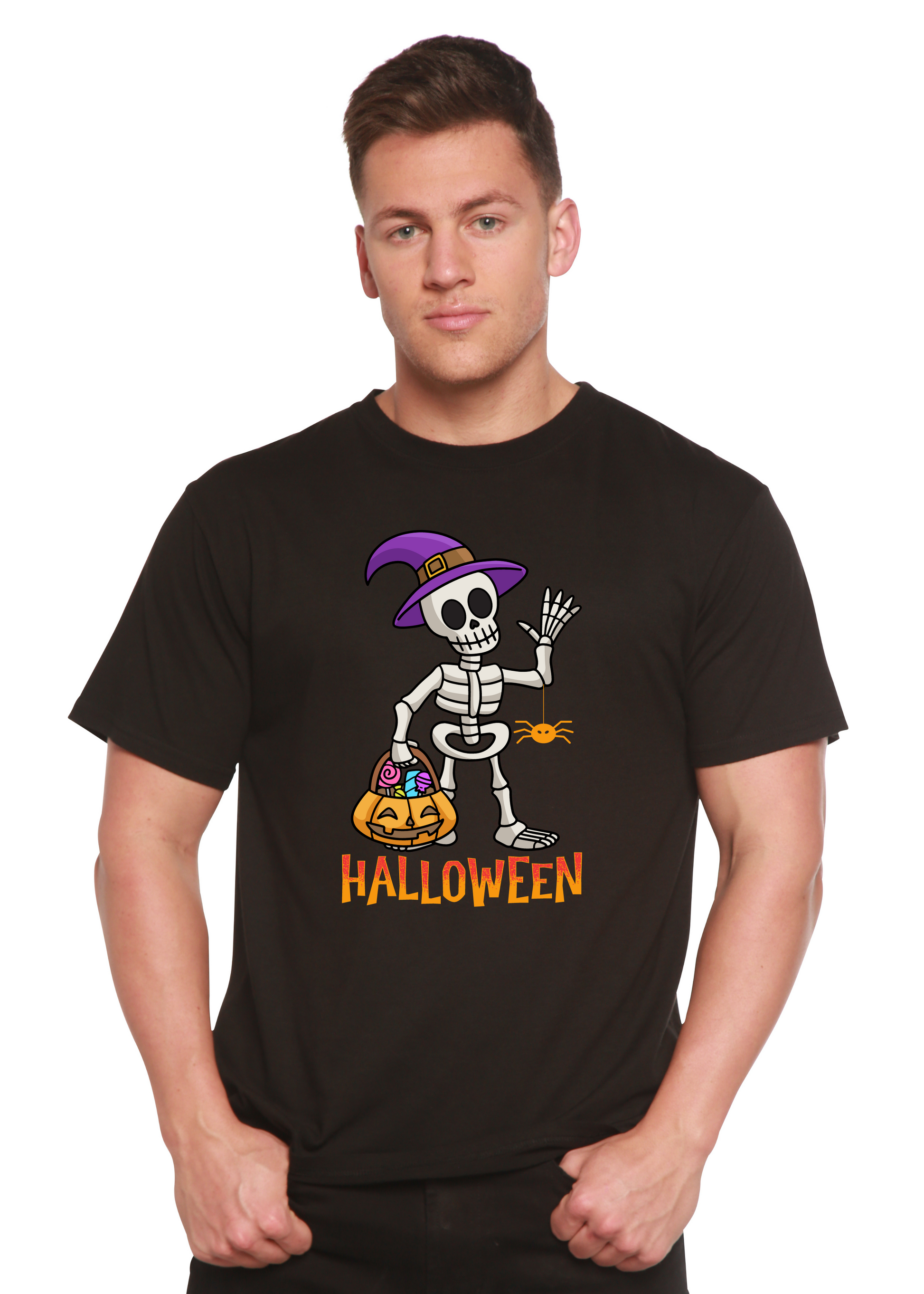 Unisex black graphic T-shirt with waving skeleton and HALLOWEEN lettering