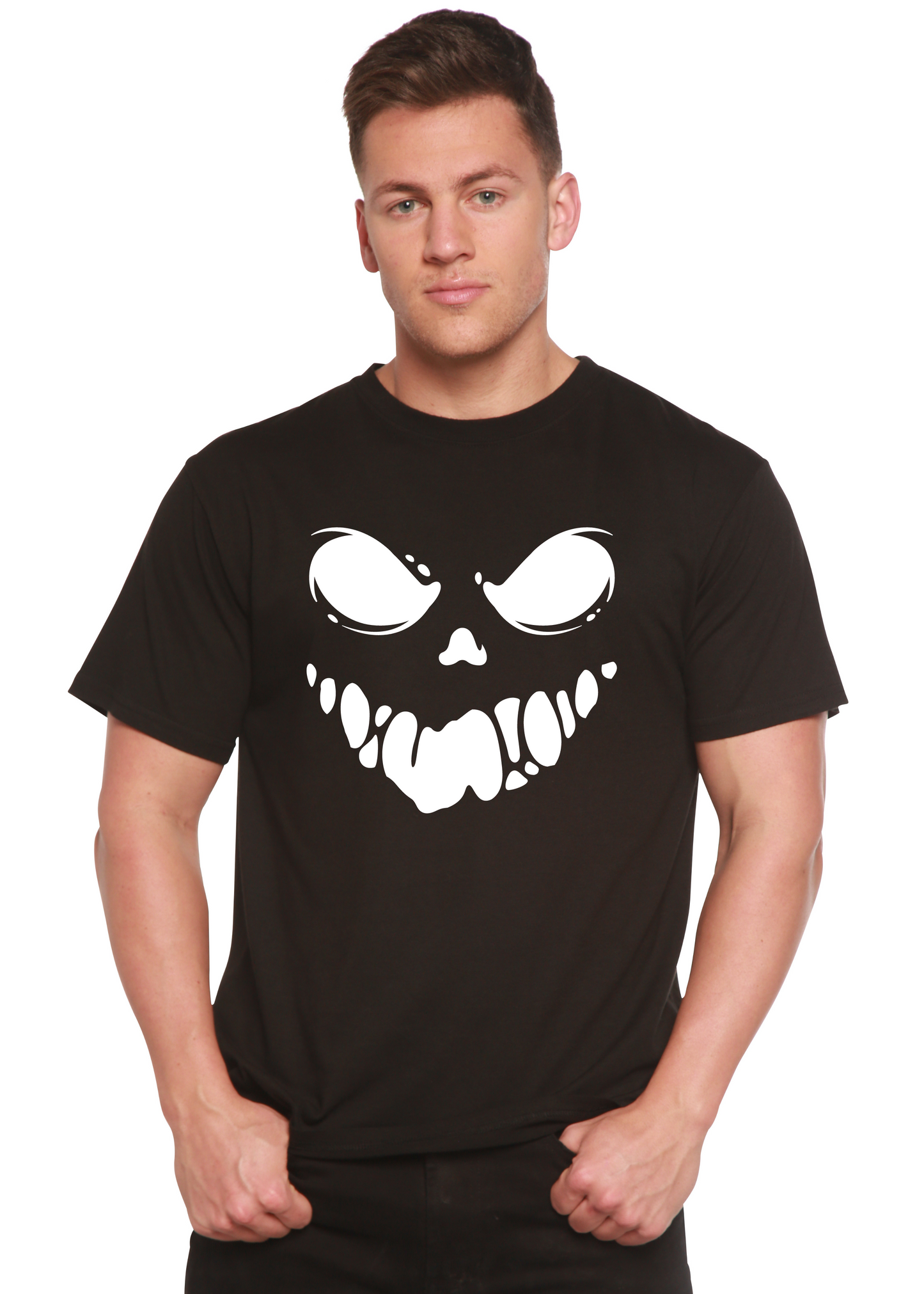 Men's black short sleeve graphic T-shirt with white skull face print