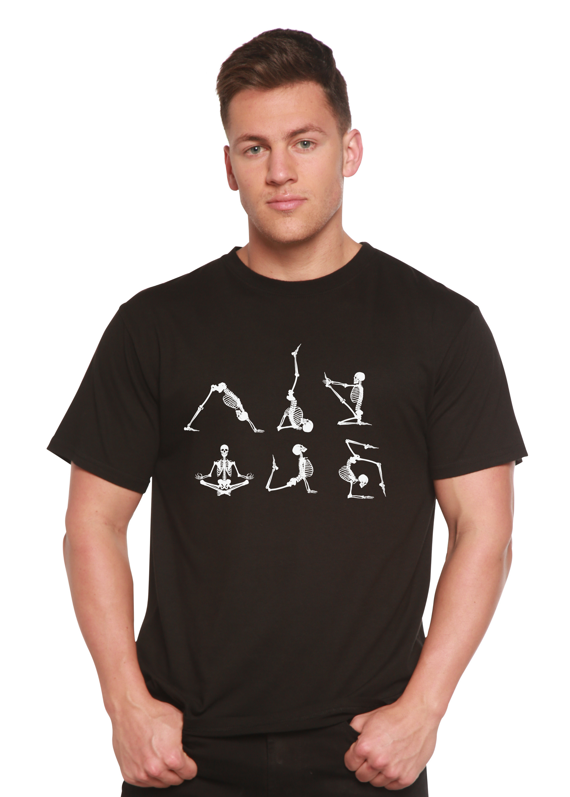 Men's black short sleeve graphic t-shirt with white skeleton yoga artwork