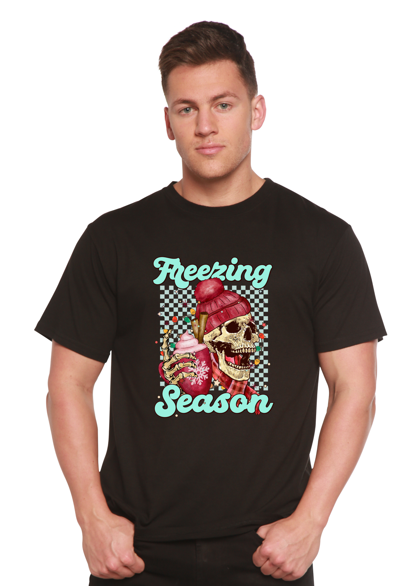 Unisex short sleeve graphic T-shirt, black, skull with “Freezing Season” text.