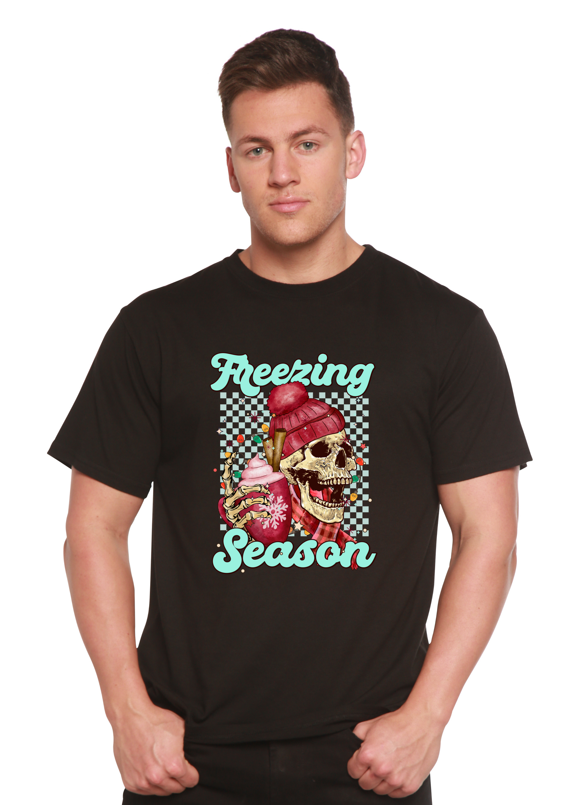 Unisex short sleeve graphic T-shirt, black, skull with “Freezing Season” text.