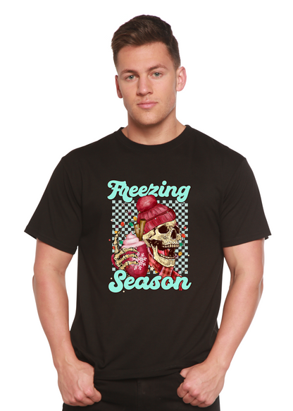 Unisex short sleeve graphic T-shirt, black, skull with “Freezing Season” text.