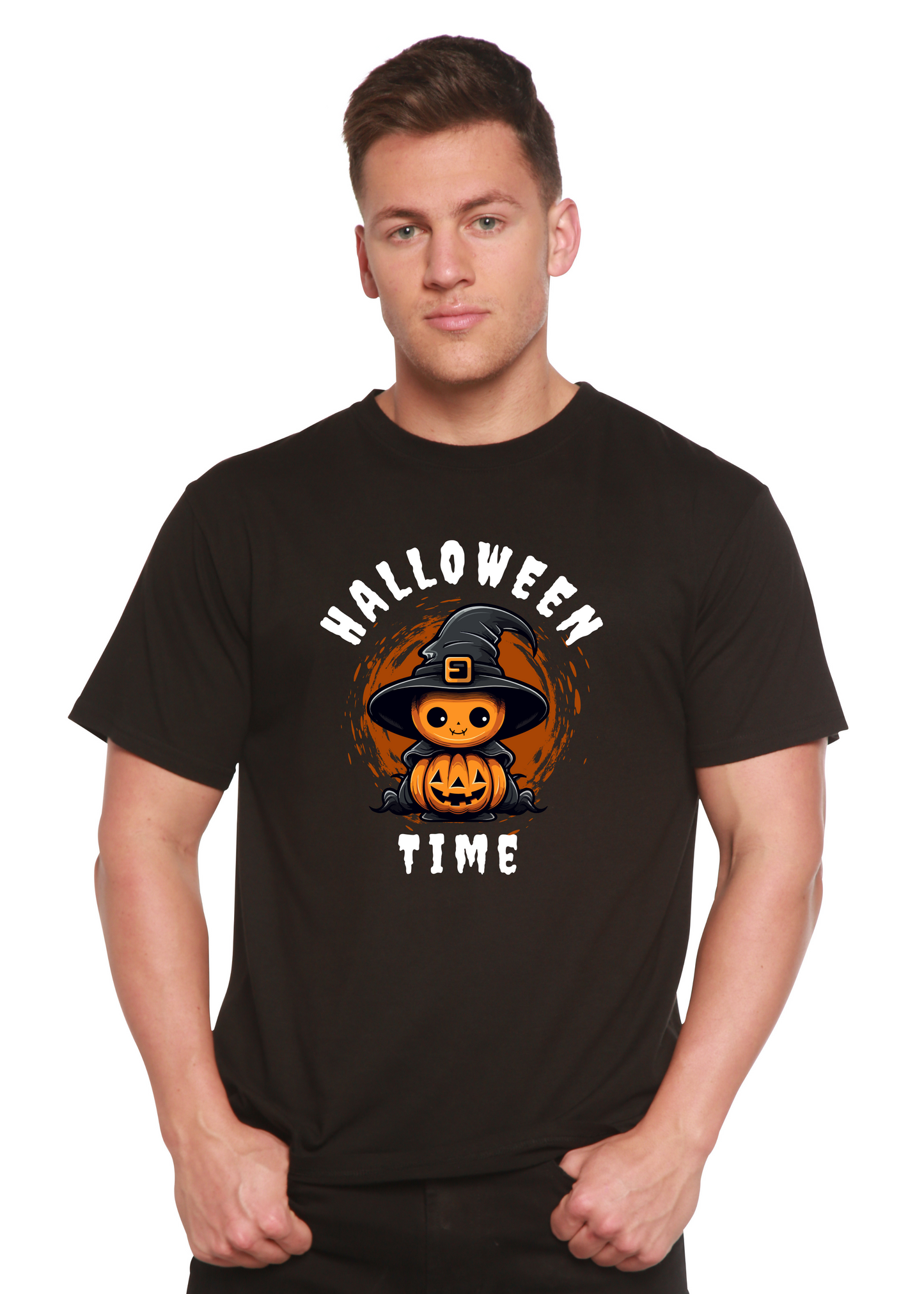 Black unisex short-sleeve T-shirt with Halloween Time witch-and-pumpkin graphic on chest