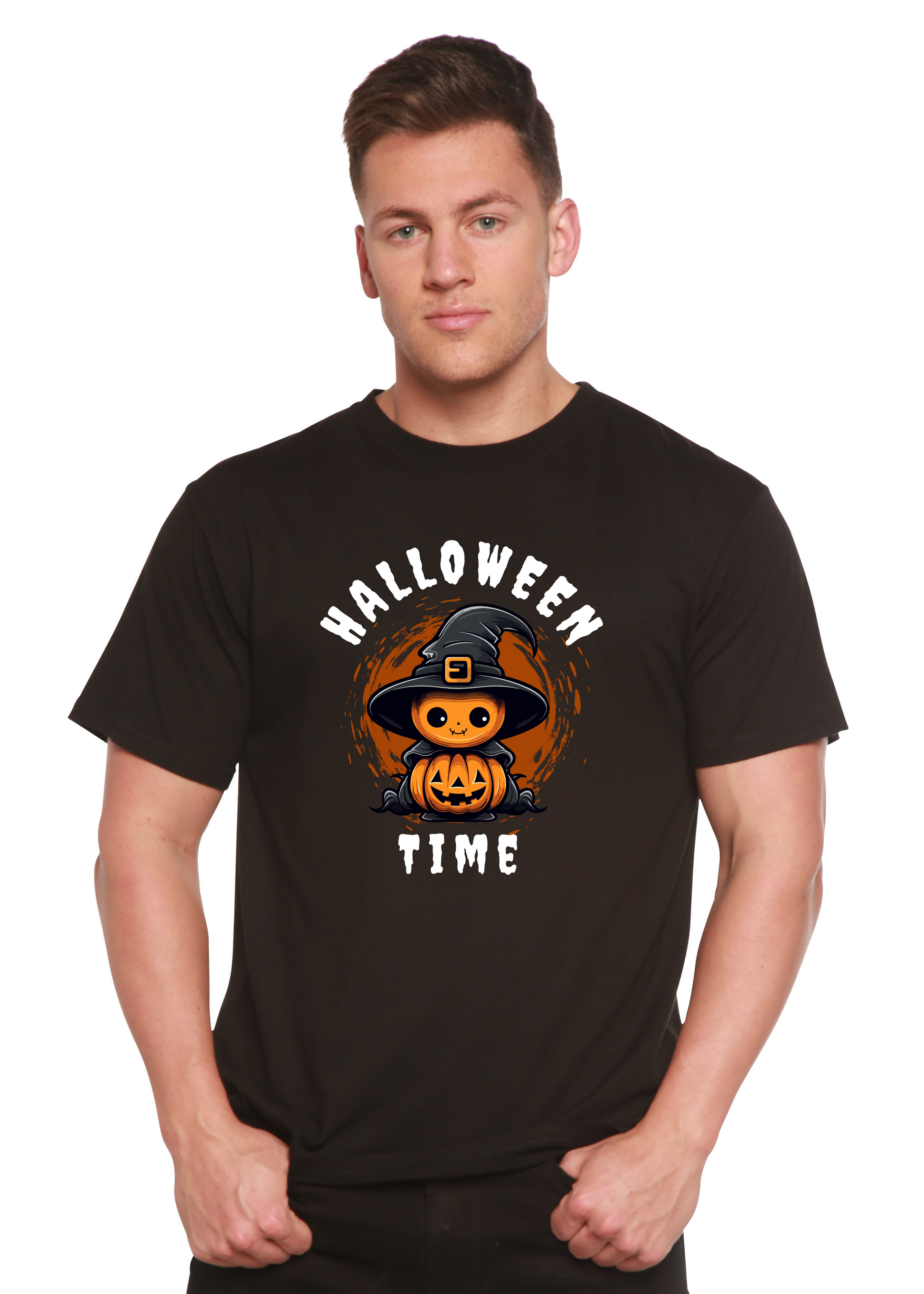 Black unisex short-sleeve T-shirt with Halloween Time witch-and-pumpkin graphic on chest
