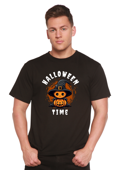 Black unisex short-sleeve T-shirt with Halloween Time witch-and-pumpkin graphic on chest