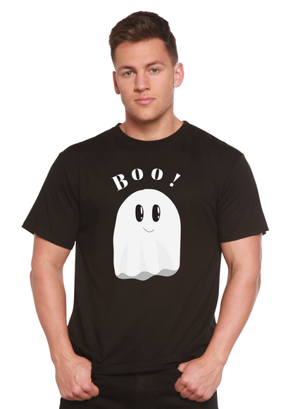 Men's black graphic T-shirt with “BOO!” text and white ghost print