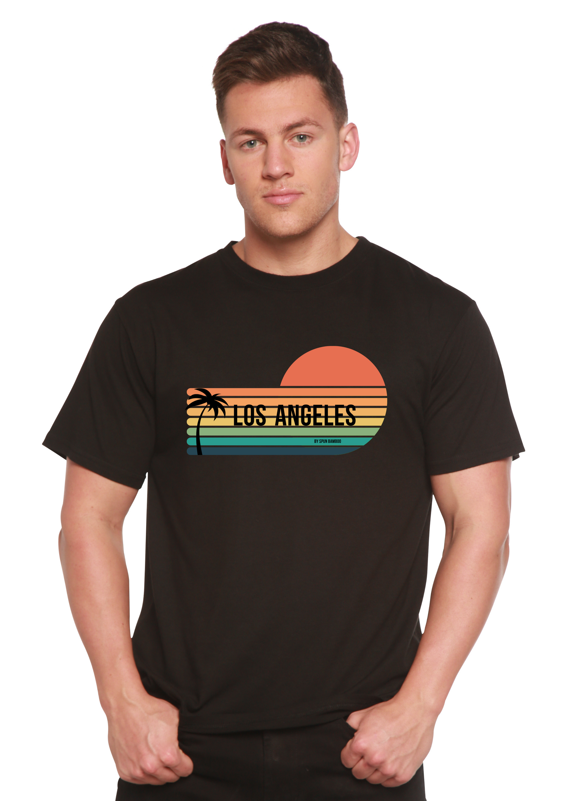 Unisex short-sleeve graphic T-shirt in black with Los Angeles sunset palm print