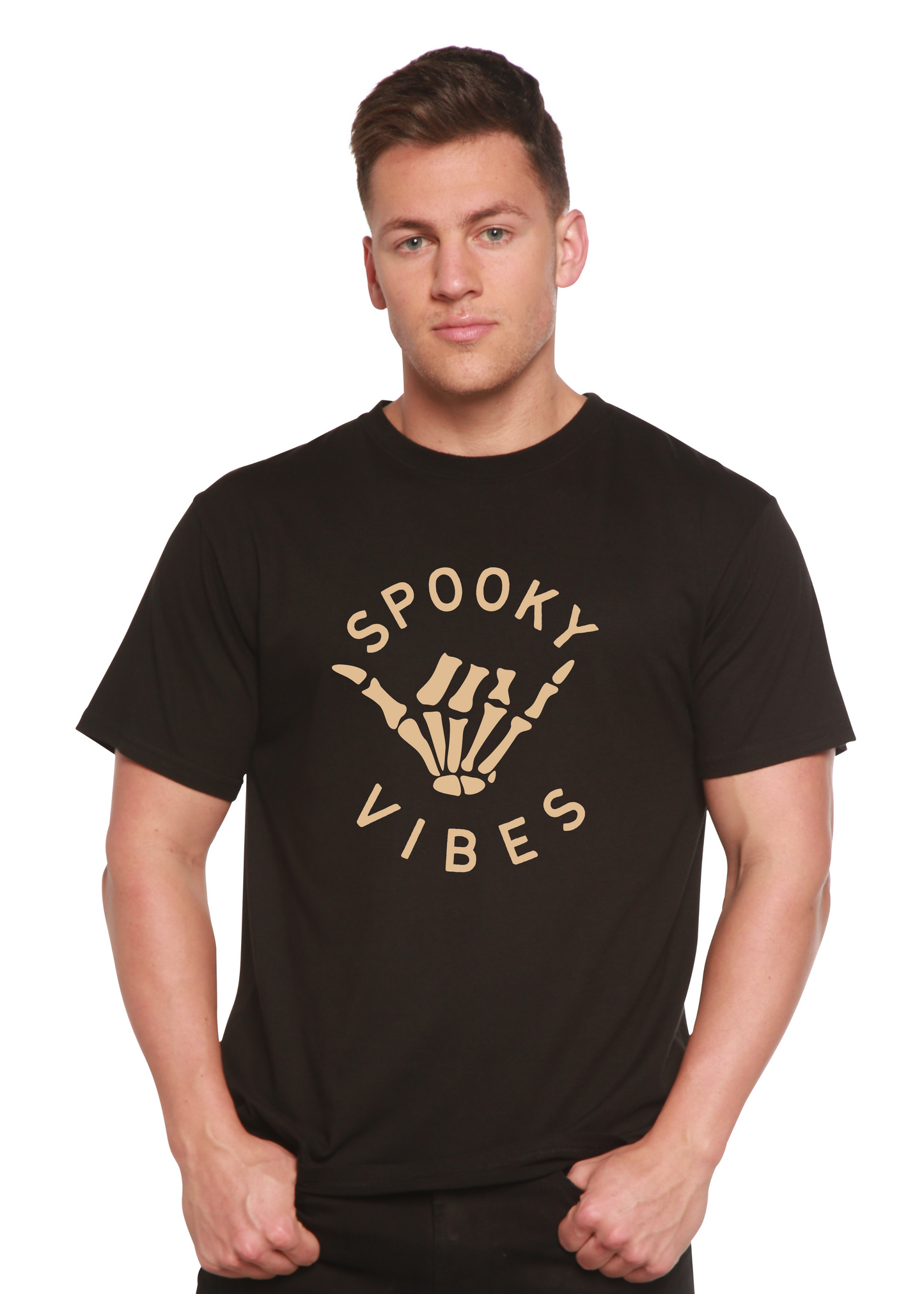 Men's graphic T-shirt in black with “SPOOKY VIBES” skeleton-hand design