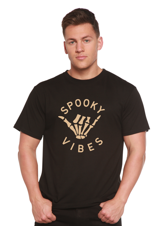 Men's graphic T-shirt in black with “SPOOKY VIBES” skeleton-hand design