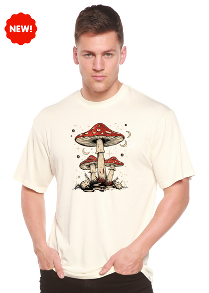 Unisex graphic t-shirt in off-white with red mushroom artwork at center chest