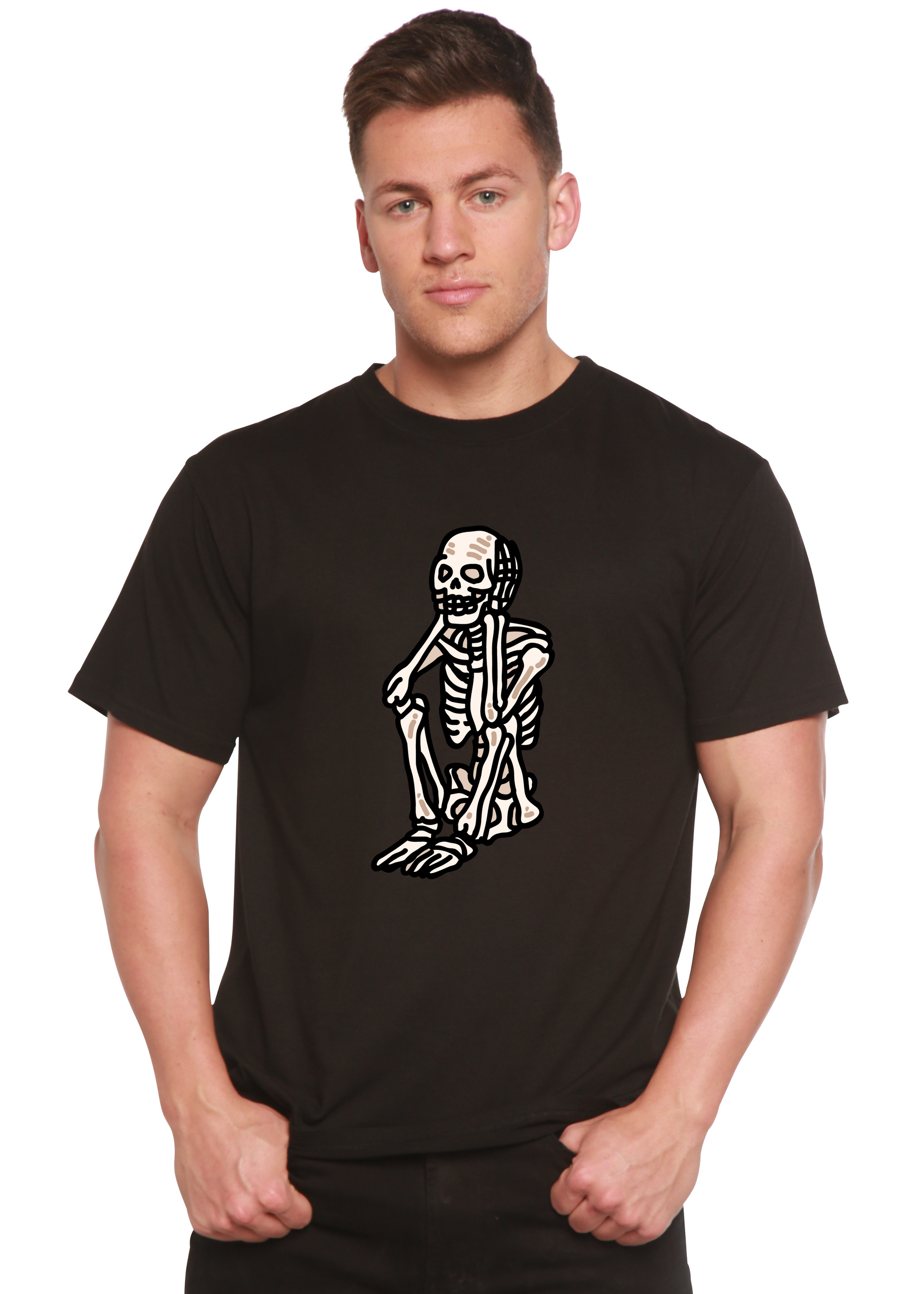 Black unisex graphic T-shirt with white skeleton standing print on chest.