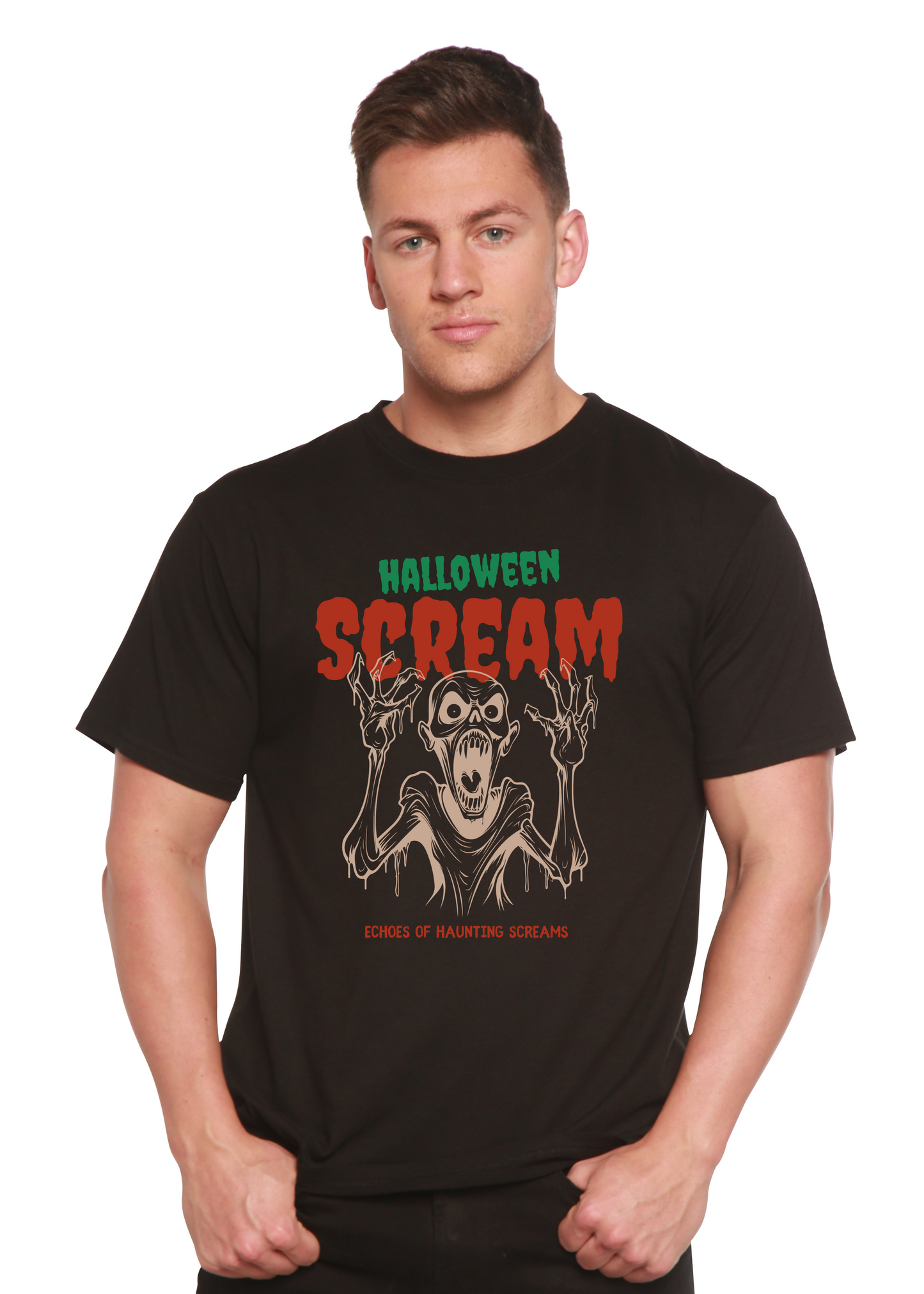 Men's black Halloween graphic T-shirt with screaming monster front print