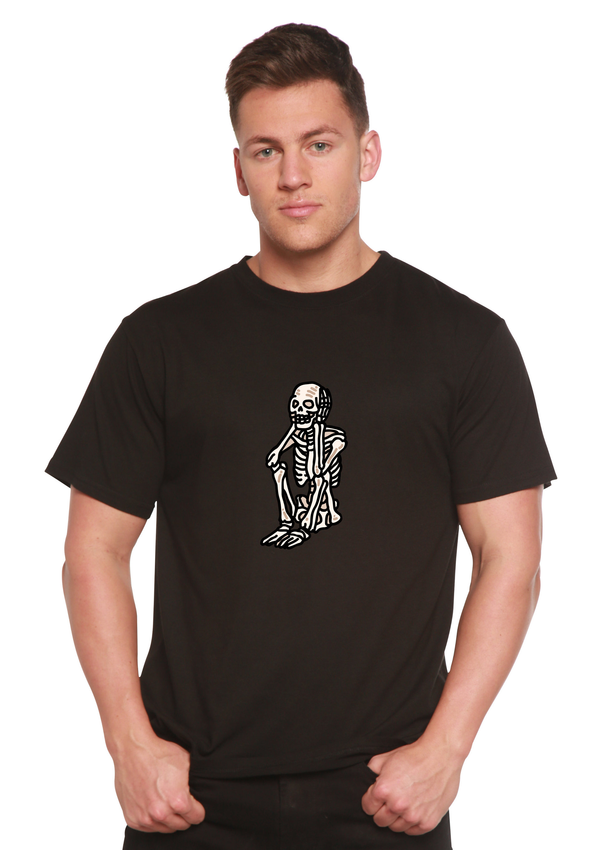 Black unisex graphic T-shirt with white skeleton standing print on chest.