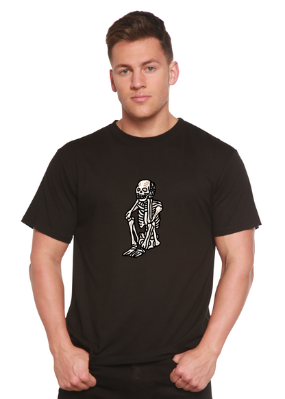 Black unisex graphic T-shirt with white skeleton standing print on chest.