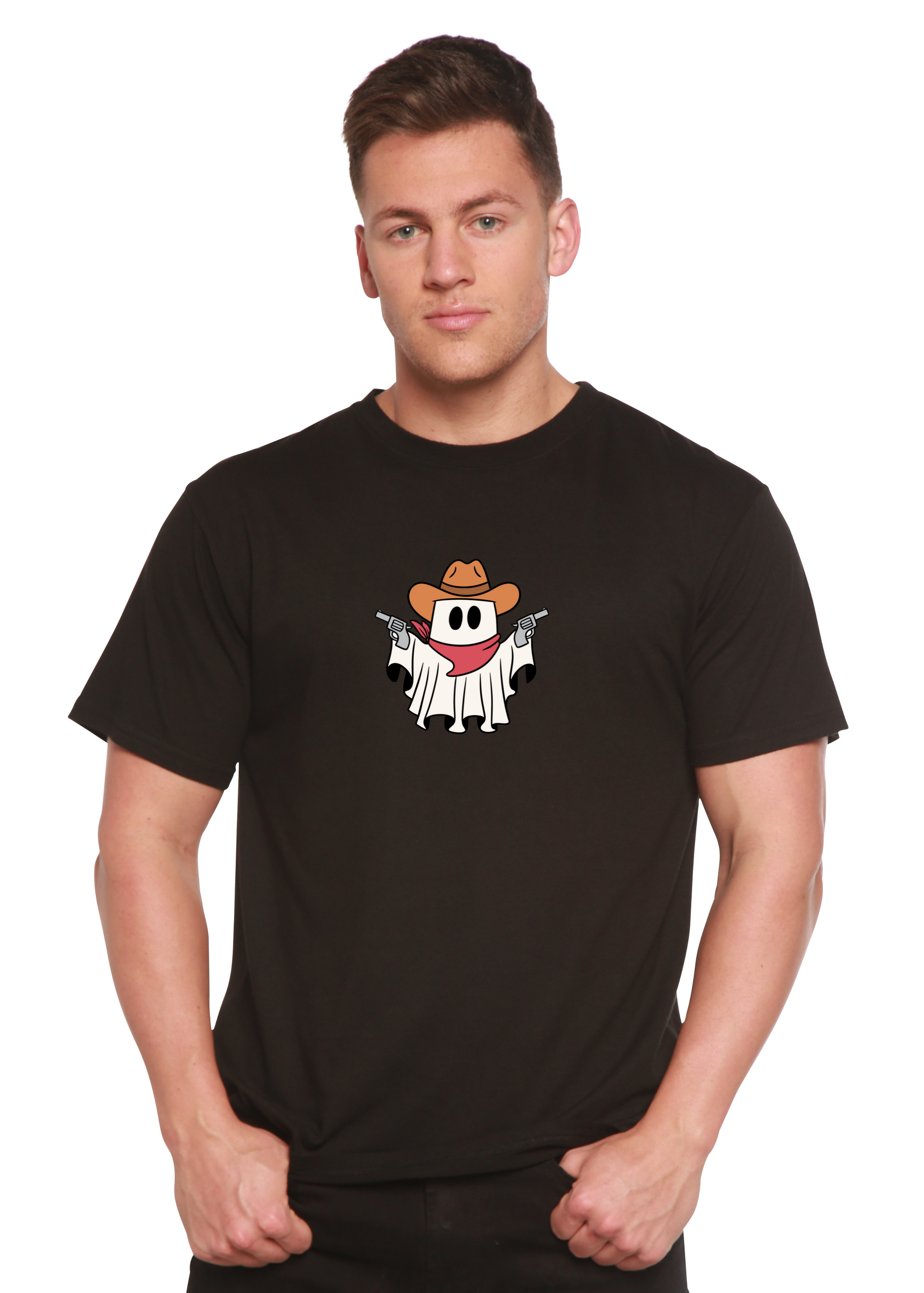 Men's black graphic T-shirt with cowboy ghost face and revolver print on front.