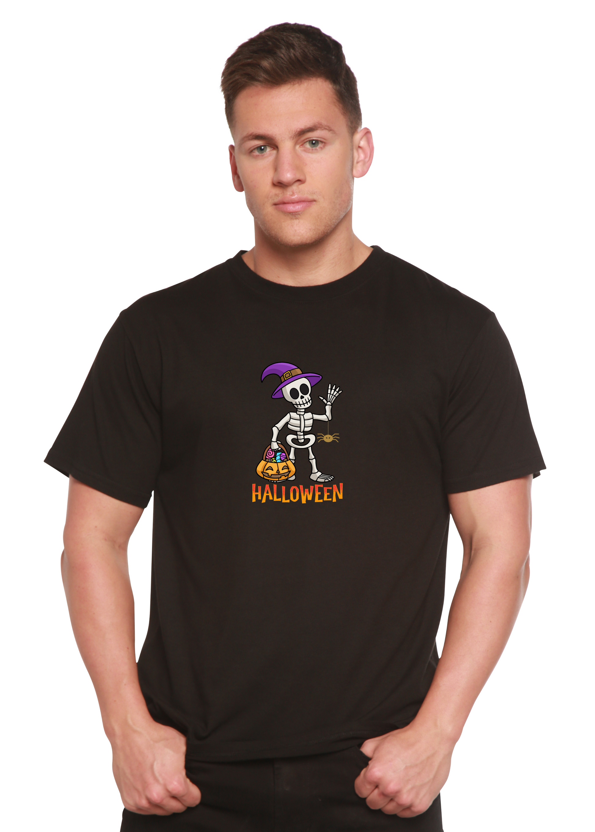 Black unisex crewneck T-shirt with short sleeves and Halloween skeleton graphic on front