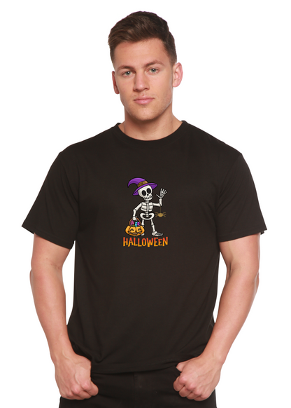 Black unisex crewneck T-shirt with short sleeves and Halloween skeleton graphic on front