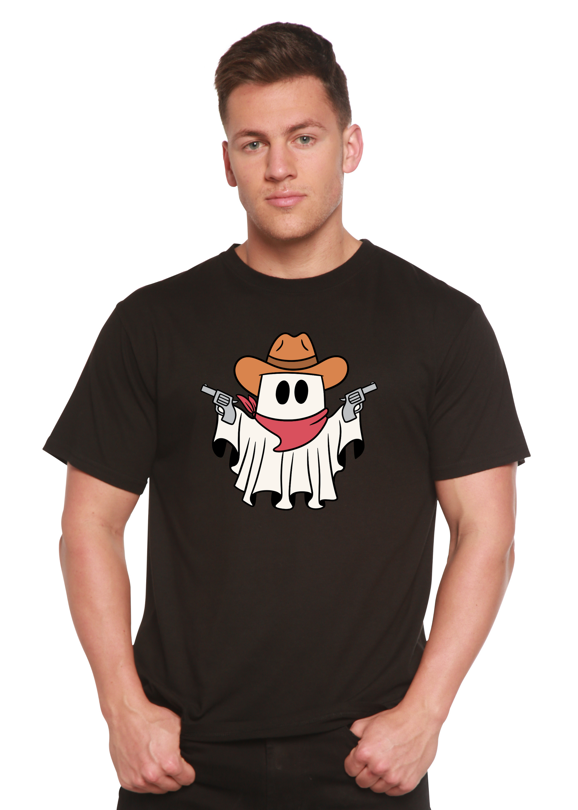 Black short-sleeve graphic T-shirt with cowboy ghost and revolvers print