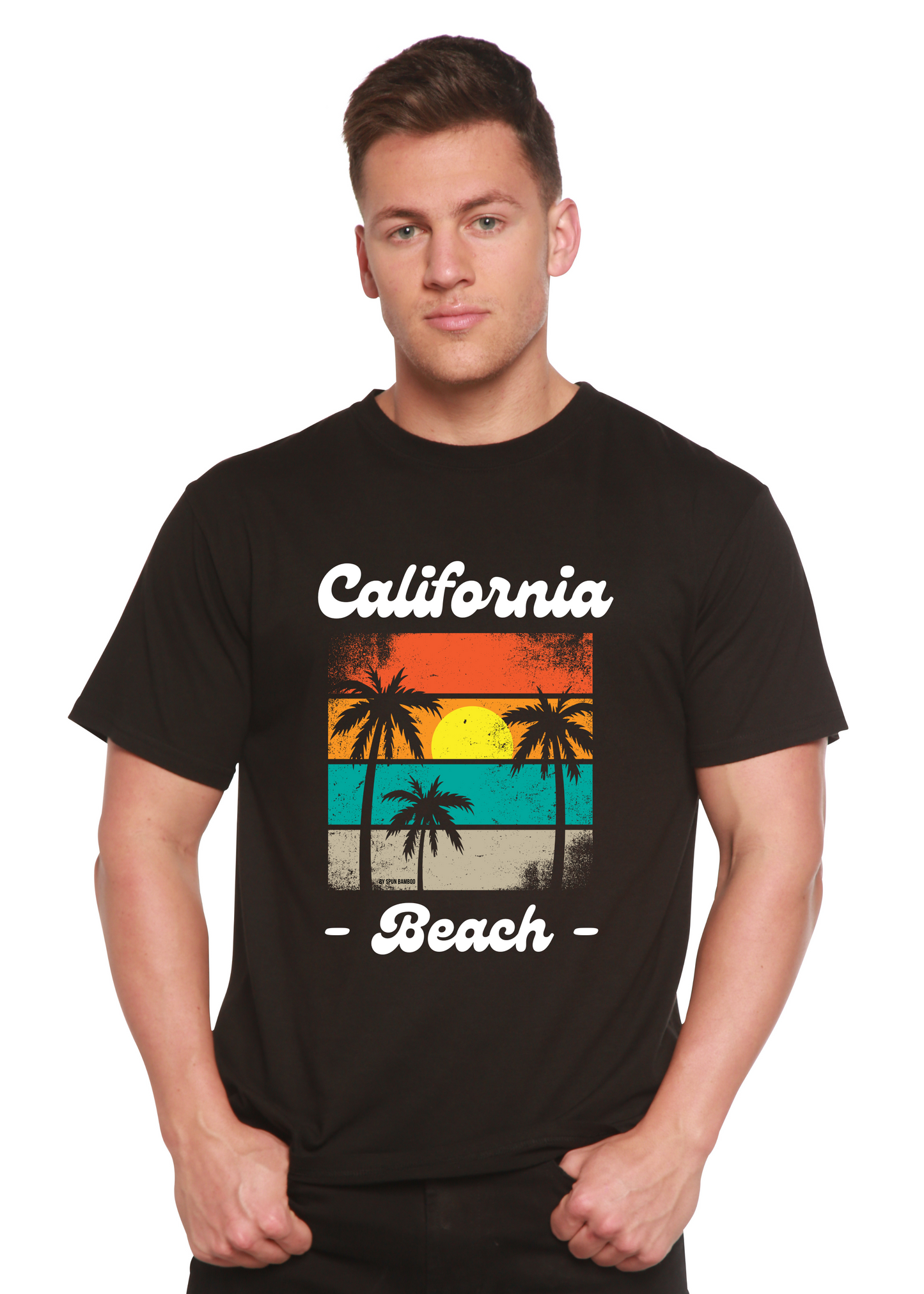 Unisex graphic T-shirt, black with 'California Beach' palm print