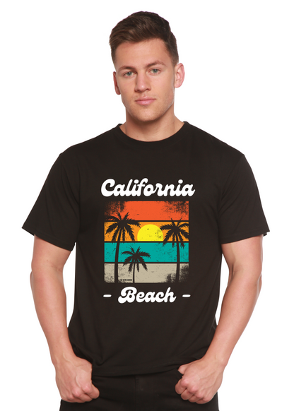 Unisex graphic T-shirt, black with 'California Beach' palm print