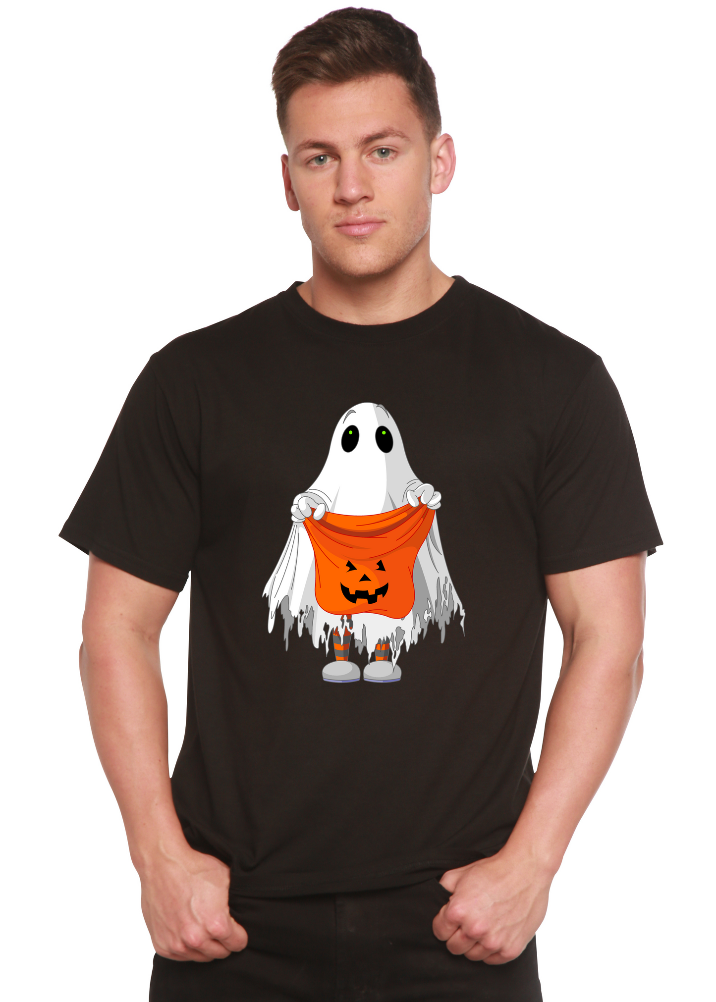 Men's black short-sleeve graphic t-shirt with ghost holding orange jack-o'-lantern bucket