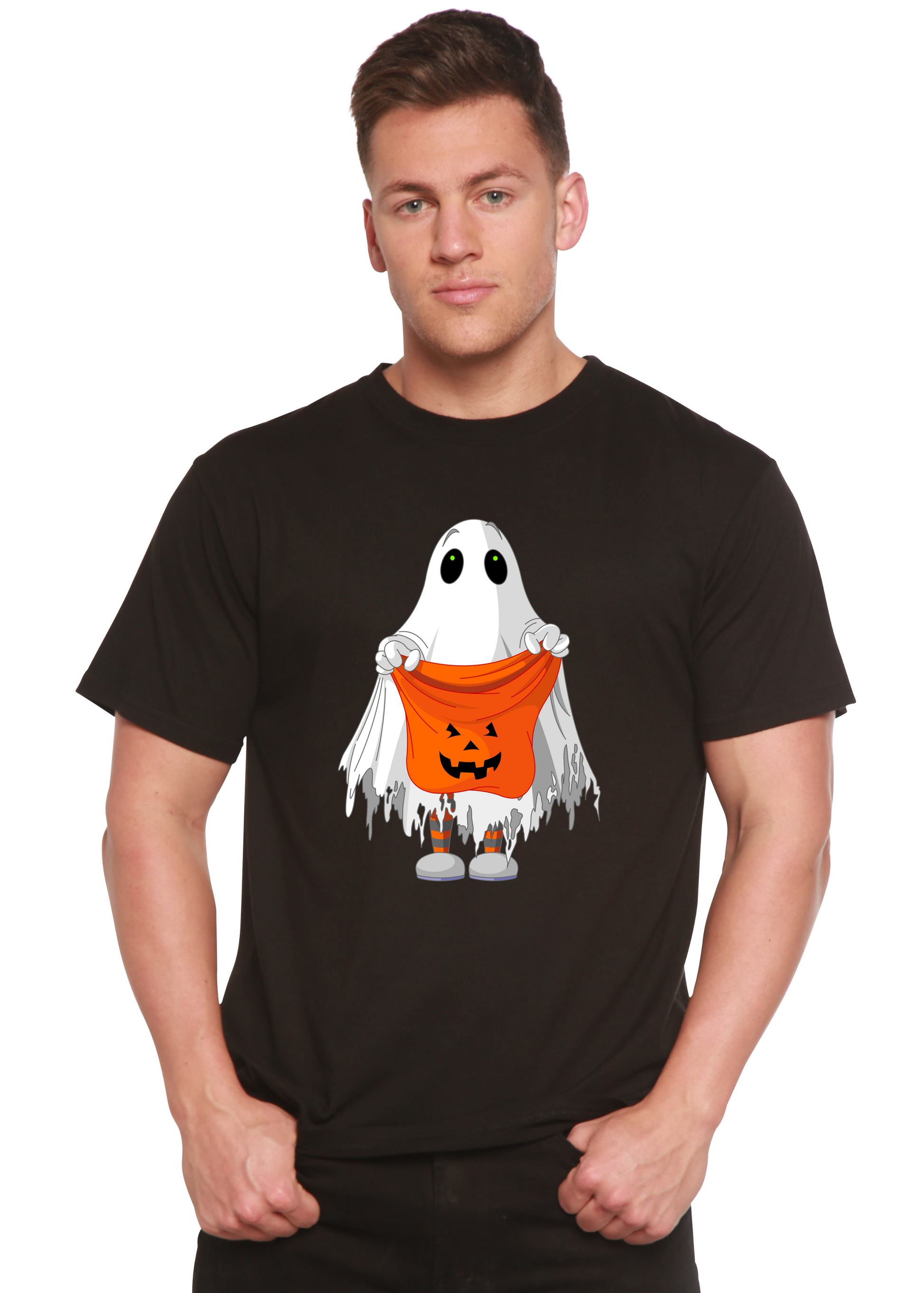 Men's black short-sleeve graphic t-shirt with ghost holding orange jack-o'-lantern bucket