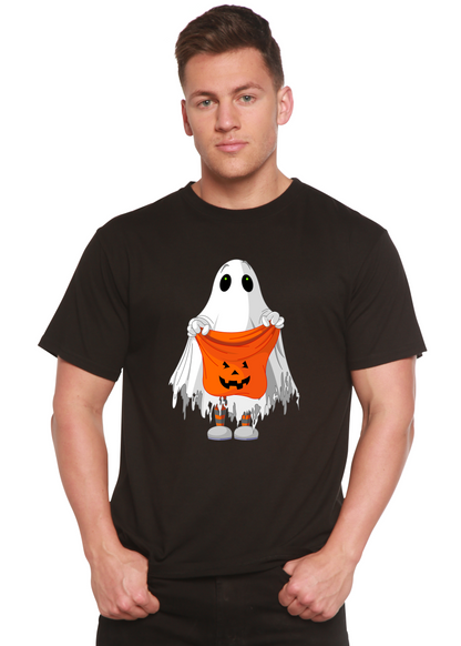 Men's black short-sleeve graphic t-shirt with ghost holding orange jack-o'-lantern bucket