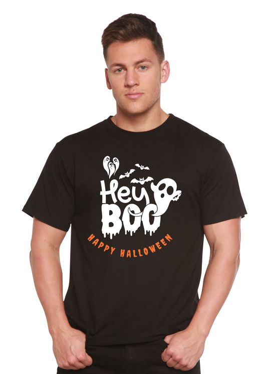 Men's black graphic T-shirt with 'Hey Boo' Halloween text and ghost/bat print