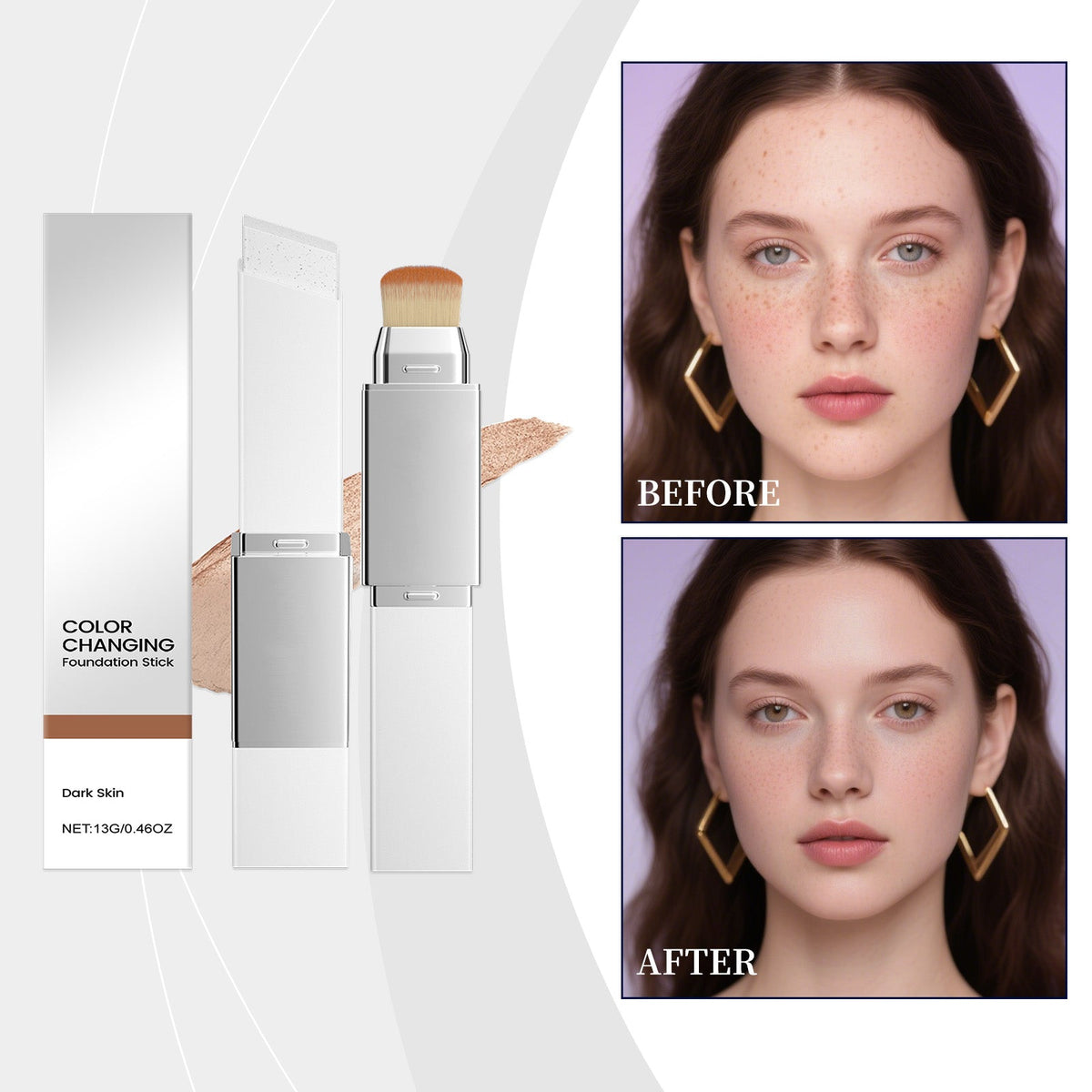 Color-changing foundation stick and two face views, with brush-topped tube and boxes.