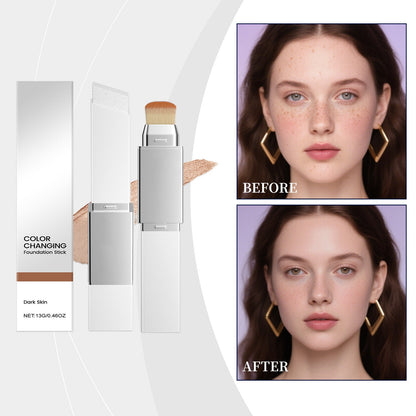 Color-changing foundation stick and two face views, with brush-topped tube and boxes.