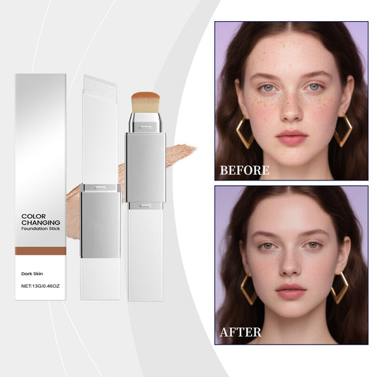 Color-changing foundation stick and two face views, with brush-topped tube and boxes.