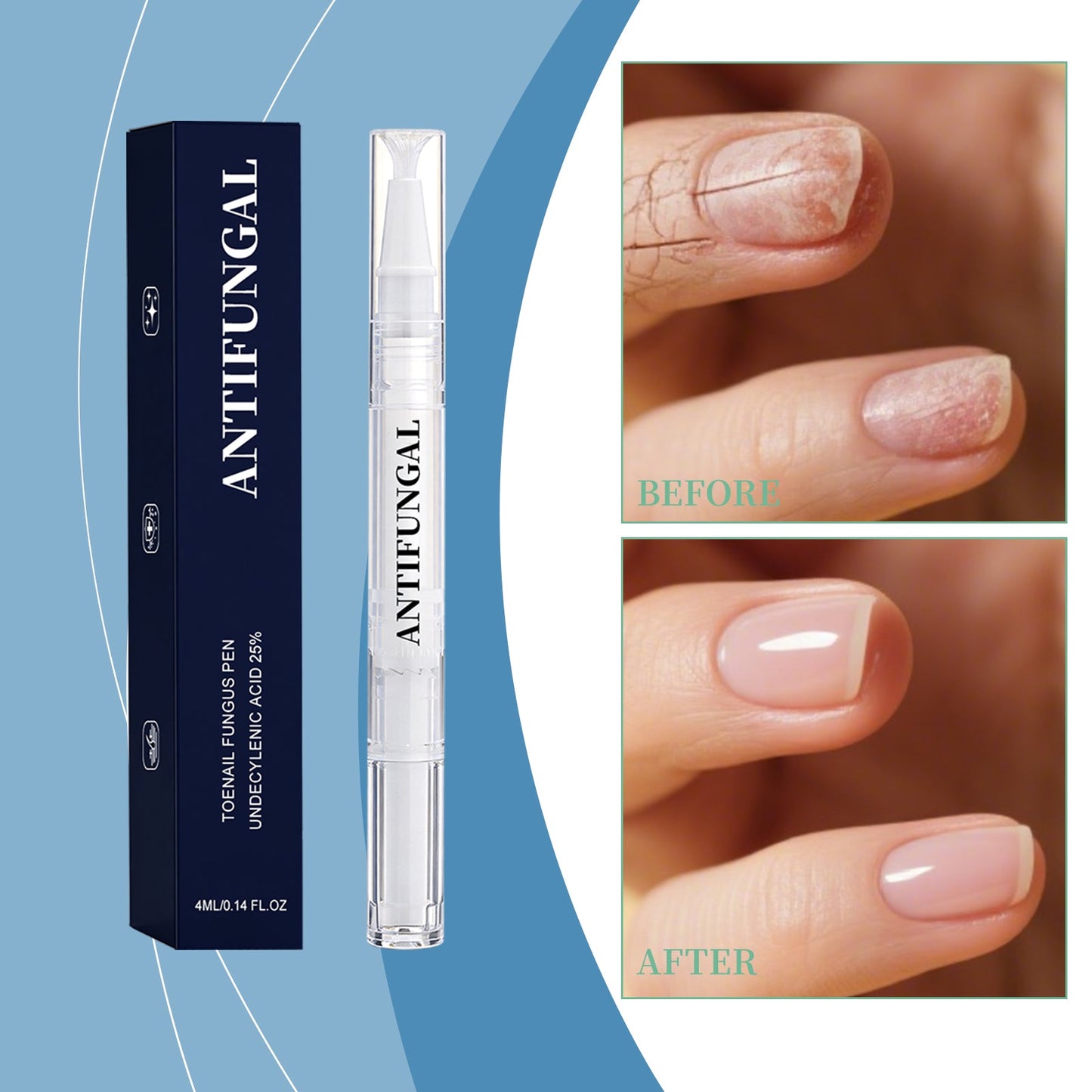 Nail care pen with close-up of glossy light pink fingernails