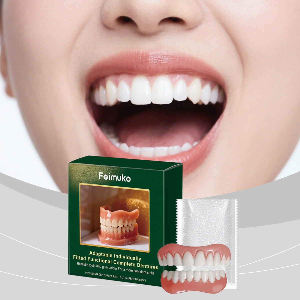 Denture kit with green box and molded denture teeth in blister
