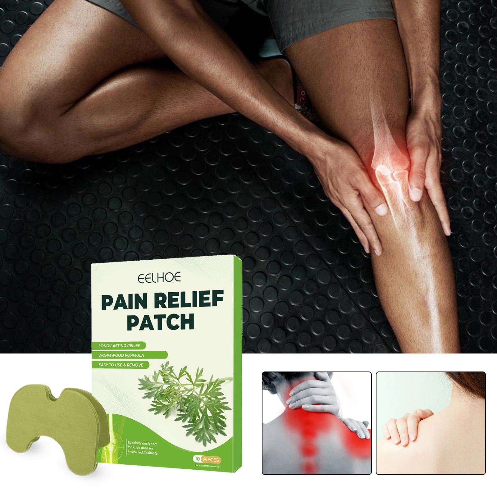 Green mugwort knee patches 10-pack, shown with box and patch on a sore leg
