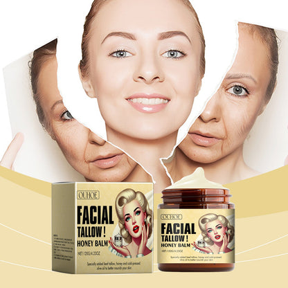 Facial tallow honey moisturizing cream jar and balm box set with woman close-up.