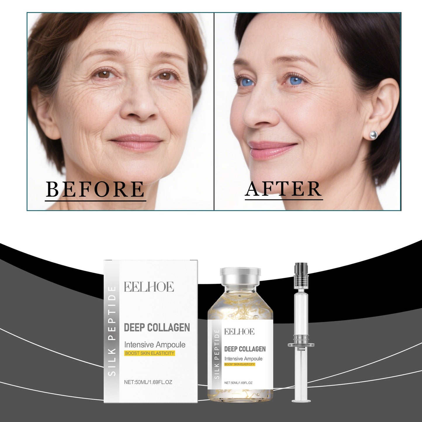 Deep collagen ampoule set: box, amber bottle, clear dropper with silver top (50ml)