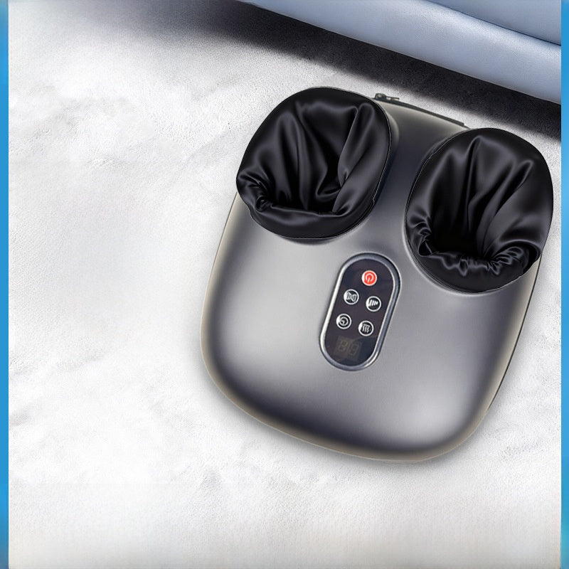 Black foot massager top view with two padded toe wells and central control panel