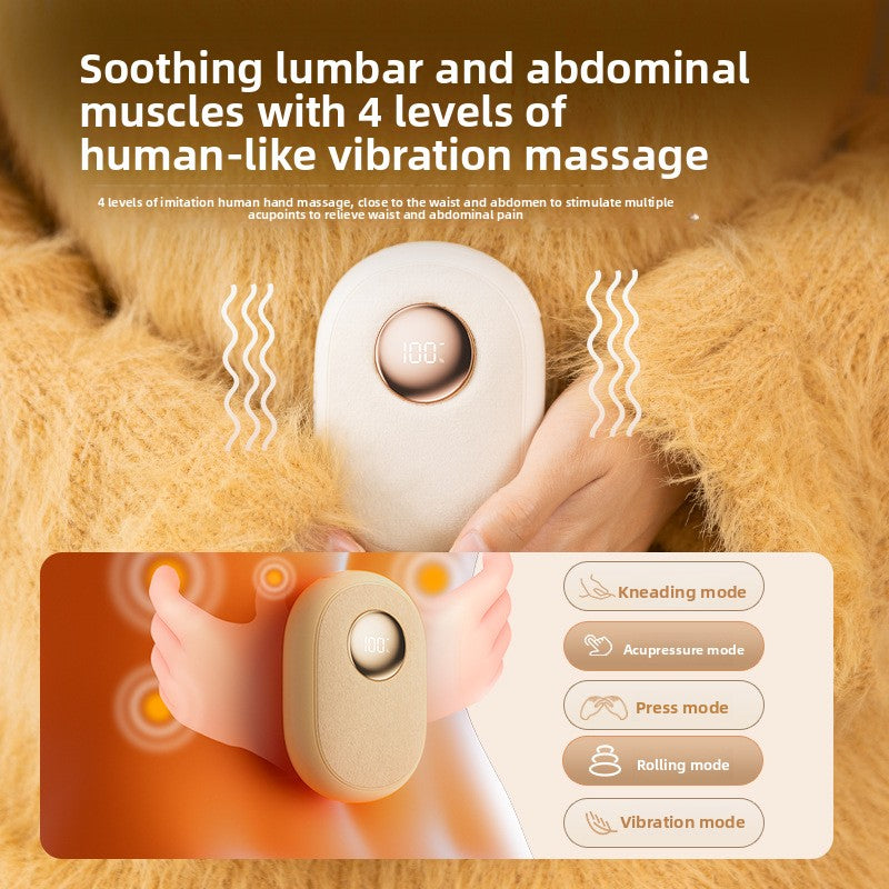 Beige electric hand warmer shown on an illustrated body with mode controls