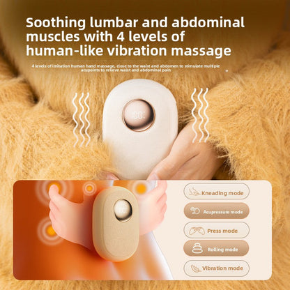 Beige electric hand warmer shown on an illustrated body with mode controls