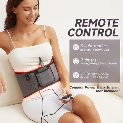 Light therapy belt with controller, remote control, and connected power cable